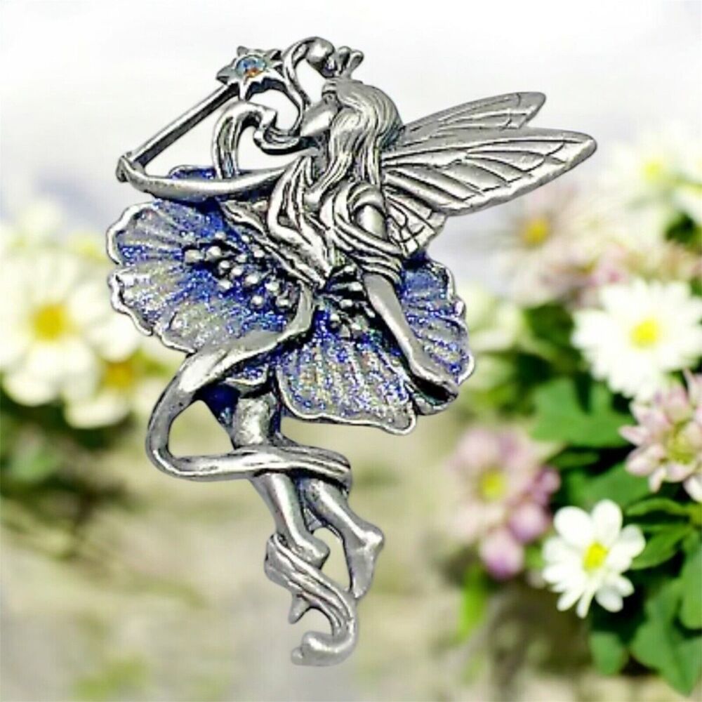 JJ SIGNED BROOCH PEWTER FAIRY WITH WAND WND SPARKLES 3.75”x 2”